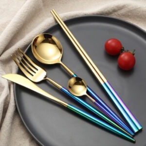 LEON Y898 304 Iridescent Mirror + Gold Finish Cutlery Collection — Vibrant, Eye-Catching Dining